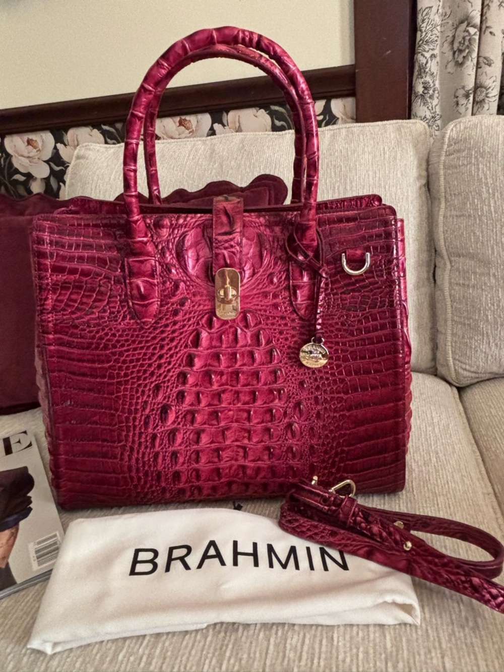Brahmin Nakita Satchel Pomegranate Melbourne Croc Embossed Leather
